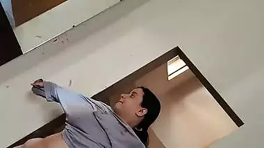 Chubby wife wearing dress after nude bath caught